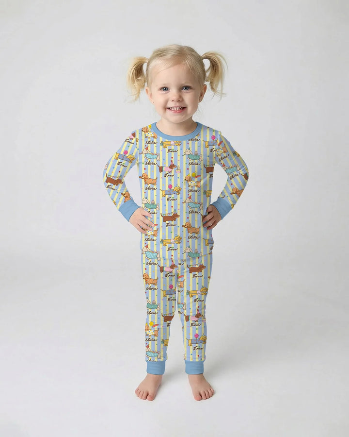 Custom Name Birthday Dachshund Bamboo Two Piece Long Sleeve Pajama Set