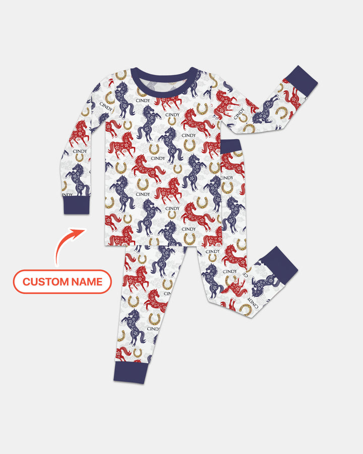 Custom Name Chinoiserie Horses Two Piece Long Sleeve Pajama Set