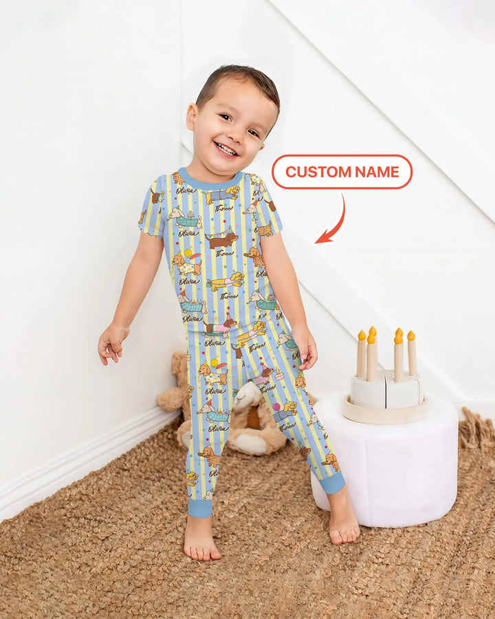 Custom Name Birthday Dachshund Bamboo Two Piece Short Sleeve Pajama Set