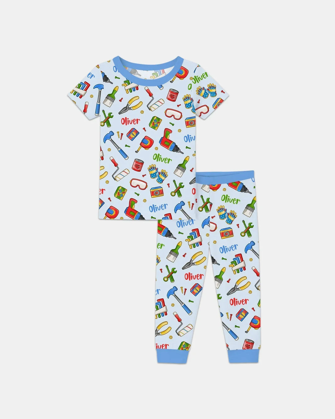 Pijama de dos piezas de manga corta de bambú "Equipo de reparadores" para papá y yo con nombre personalizado