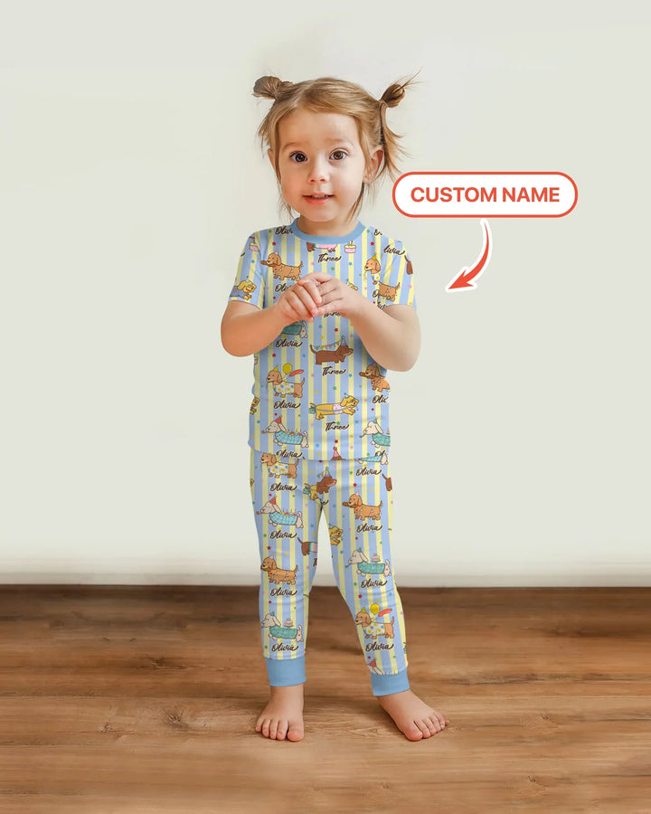 Custom Name Birthday Dachshund Bamboo Two Piece Short Sleeve Pajama Set