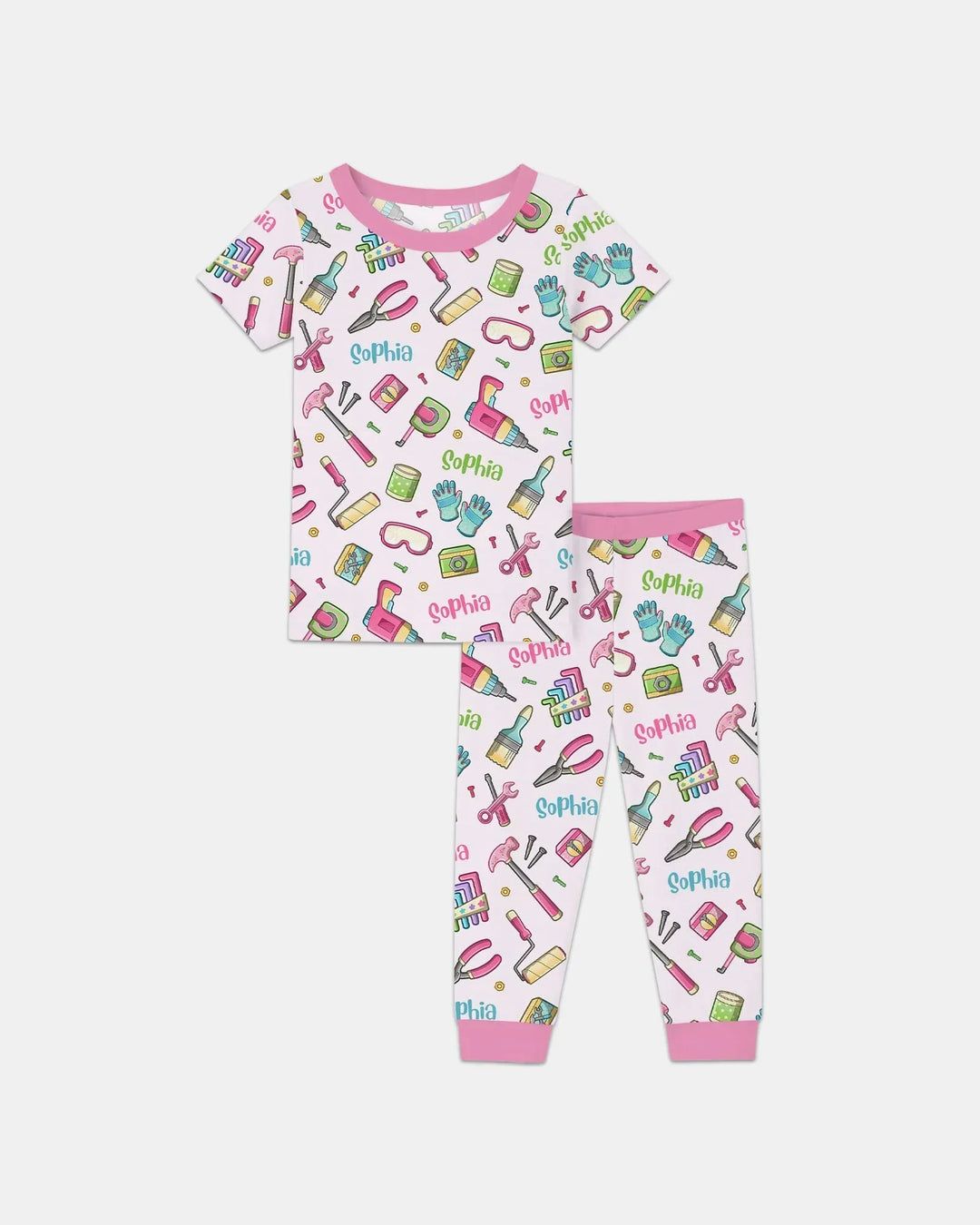 Pijama de dos piezas de manga corta de bambú "Equipo de reparadores" para papá y yo con nombre personalizado