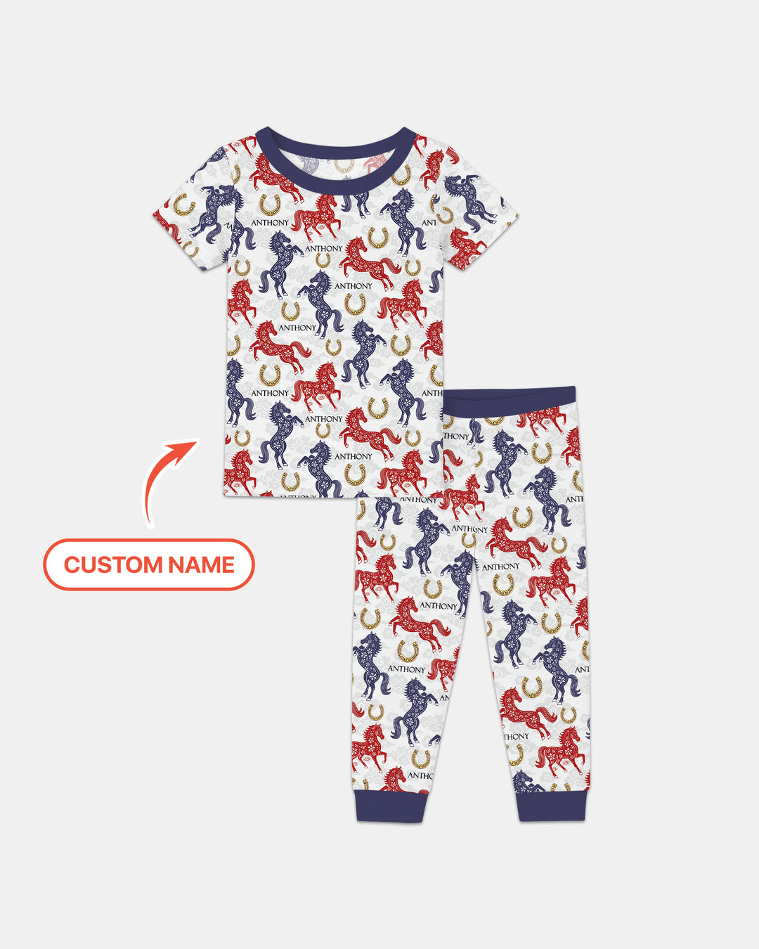 Custom Name Chinoiserie Horses Two Piece Short Sleeve Pajama Set