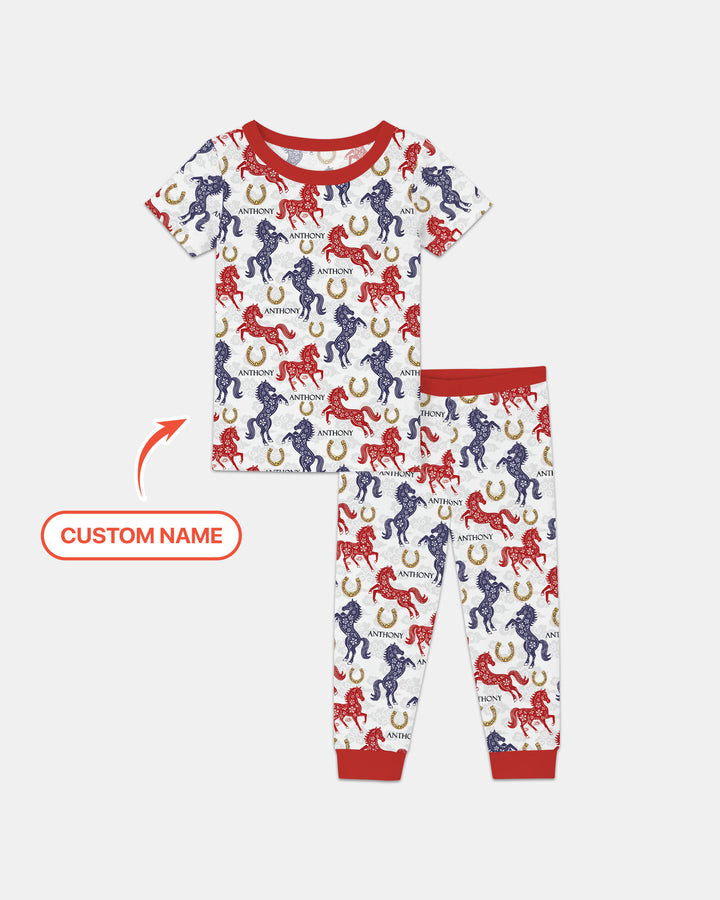 Custom Name Chinoiserie Horses Two Piece Short Sleeve Pajama Set