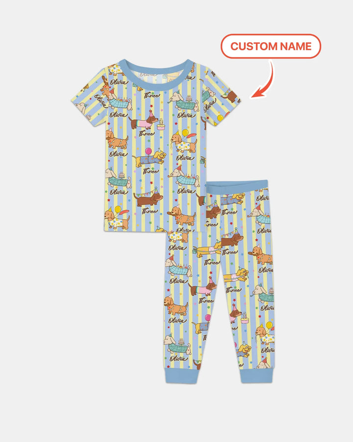 Custom Name Birthday Dachshund Bamboo Two Piece Short Sleeve Pajama Set