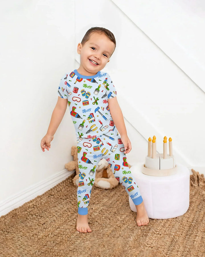 Pijama de dos piezas de manga corta de bambú "Equipo de reparadores" para papá y yo con nombre personalizado