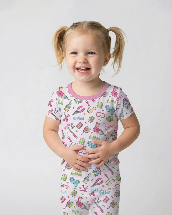Pijama de dos piezas de manga corta de bambú "Equipo de reparadores" para papá y yo con nombre personalizado