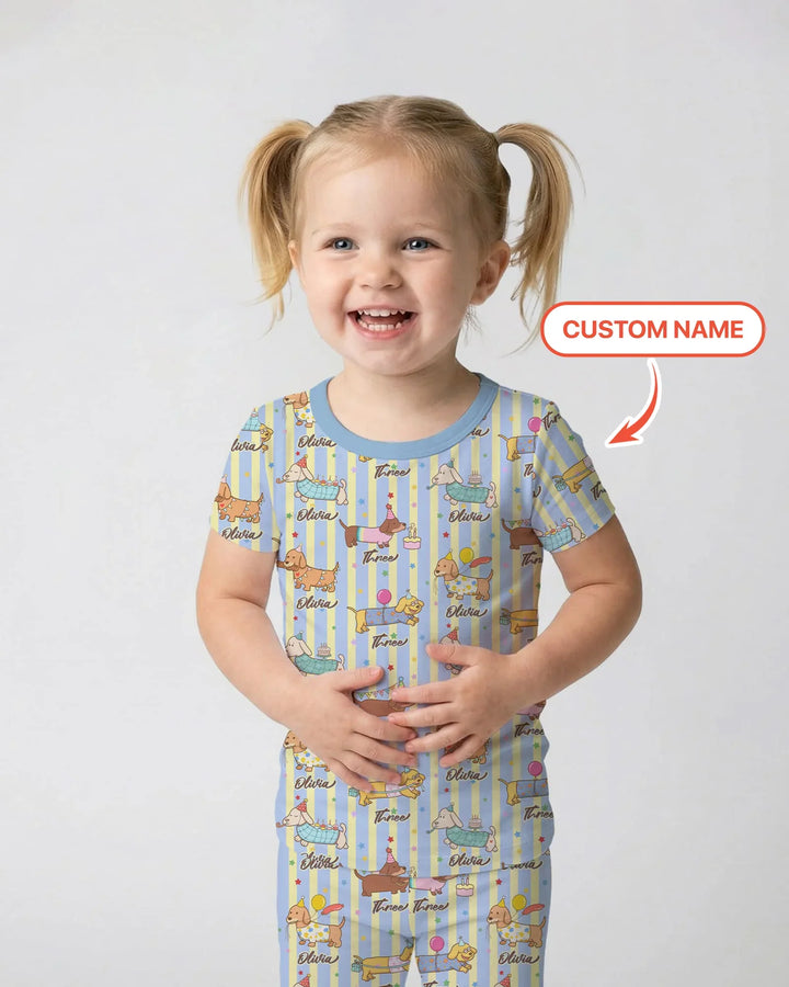 Custom Name Birthday Dachshund Bamboo Two Piece Short Sleeve Pajama Set