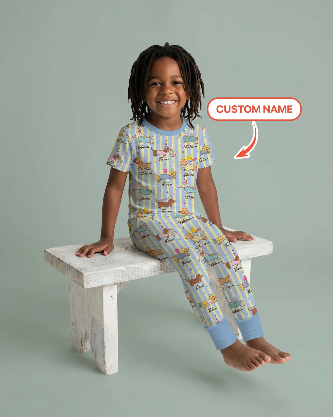 Custom Name Birthday Dachshund Bamboo Two Piece Short Sleeve Pajama Set