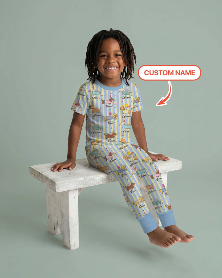 Custom Name Birthday Dachshund Bamboo Two Piece Short Sleeve Pajama Set