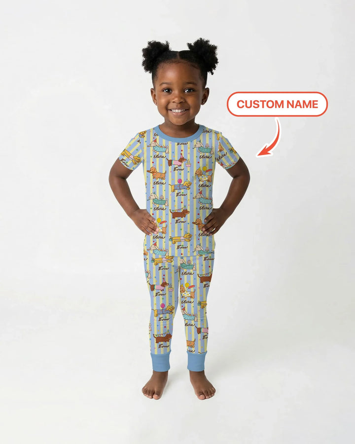 Custom Name Birthday Dachshund Bamboo Two Piece Short Sleeve Pajama Set