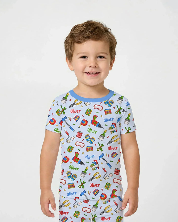 Pijama de dos piezas de manga corta de bambú "Equipo de reparadores" para papá y yo con nombre personalizado