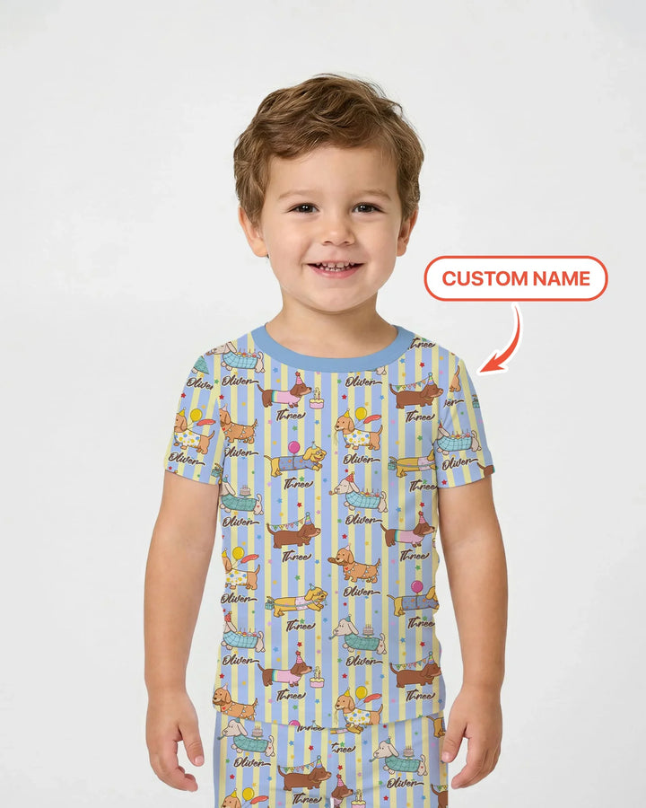 Custom Name Birthday Dachshund Bamboo Two Piece Short Sleeve Pajama Set