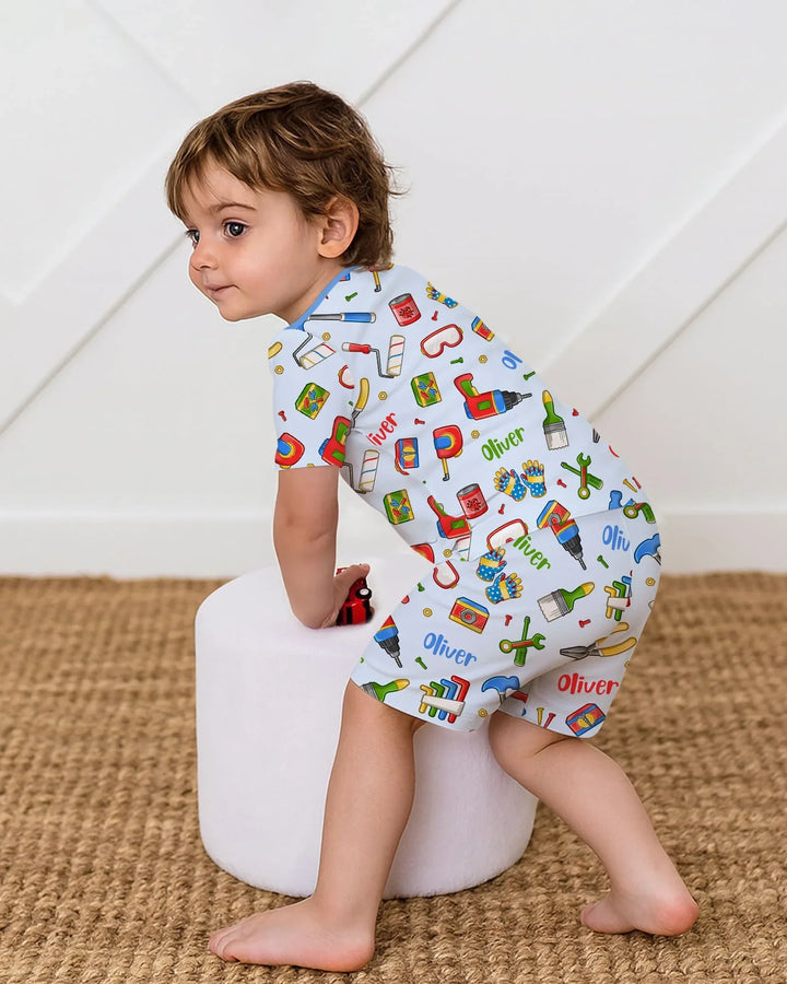 Conjunto de Pijama de Dos Piezas de Bambú de Manga Corta y Pantalón Corto Personalizado para Papá y Yo del Equipo de Reparaciones