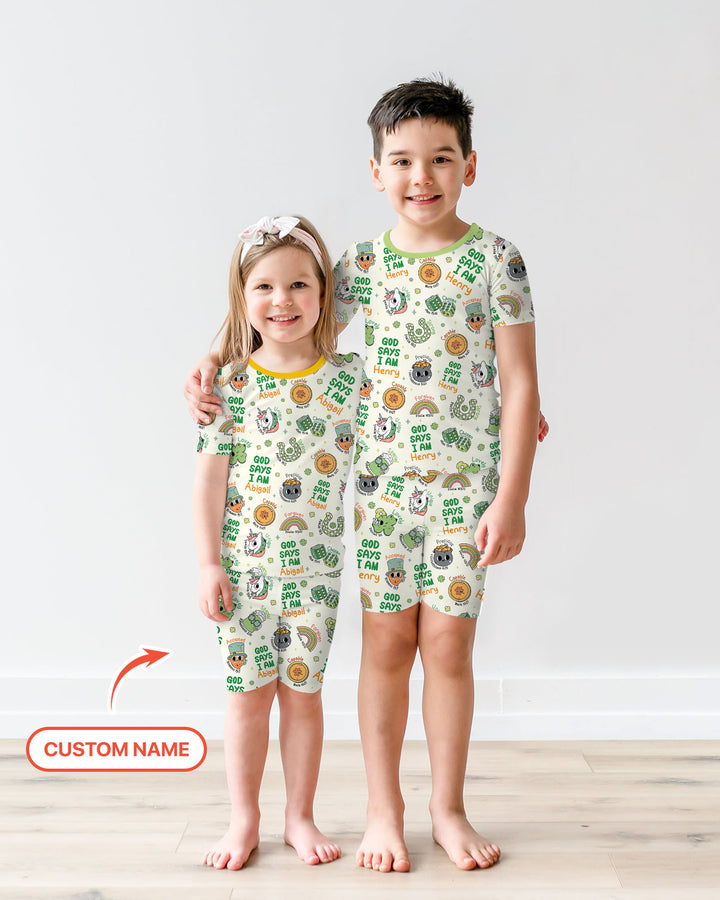 Personalized God Says I Am St. Patrick's Day Family Matching Two Piece Short Sleeve Shorts Pajama Set