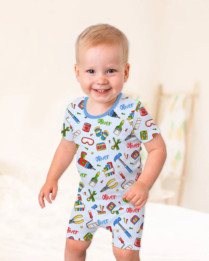 Conjunto de Pijama de Dos Piezas de Bambú de Manga Corta y Pantalón Corto Personalizado para Papá y Yo del Equipo de Reparaciones
