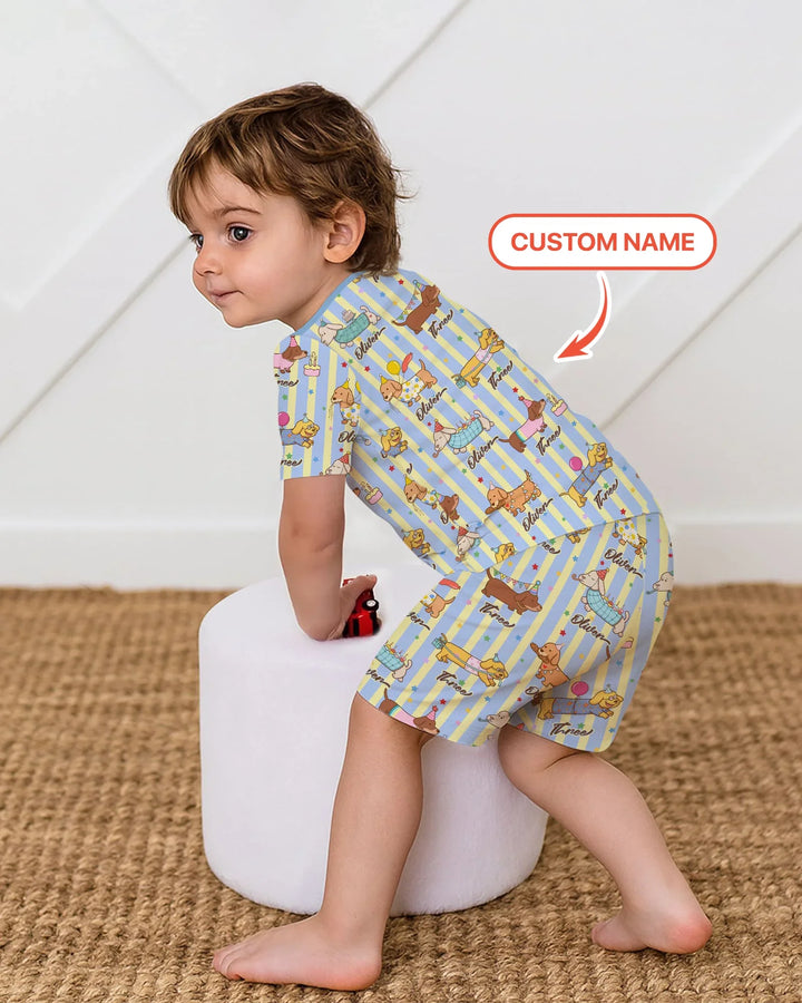 Custom Name Birthday Dachshund Bamboo Two Piece Short Sleeve Shorts Pajama Set