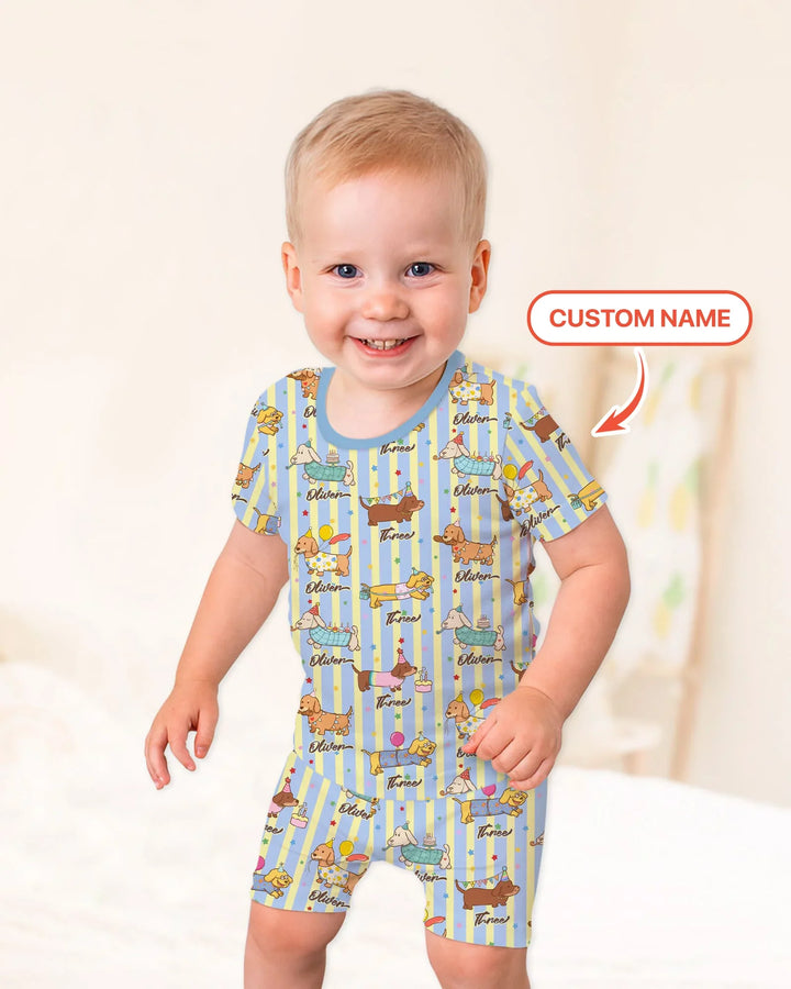 Custom Name Birthday Dachshund Bamboo Two Piece Short Sleeve Shorts Pajama Set