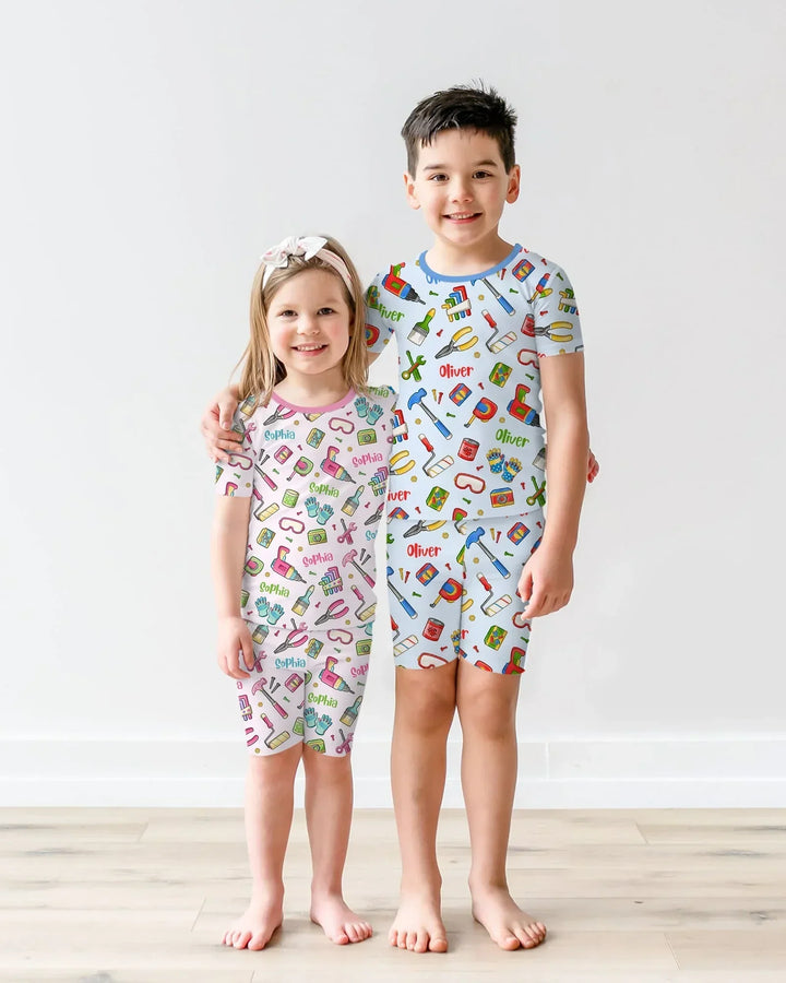 Conjunto de Pijama de Dos Piezas de Bambú de Manga Corta y Pantalón Corto Personalizado para Papá y Yo del Equipo de Reparaciones