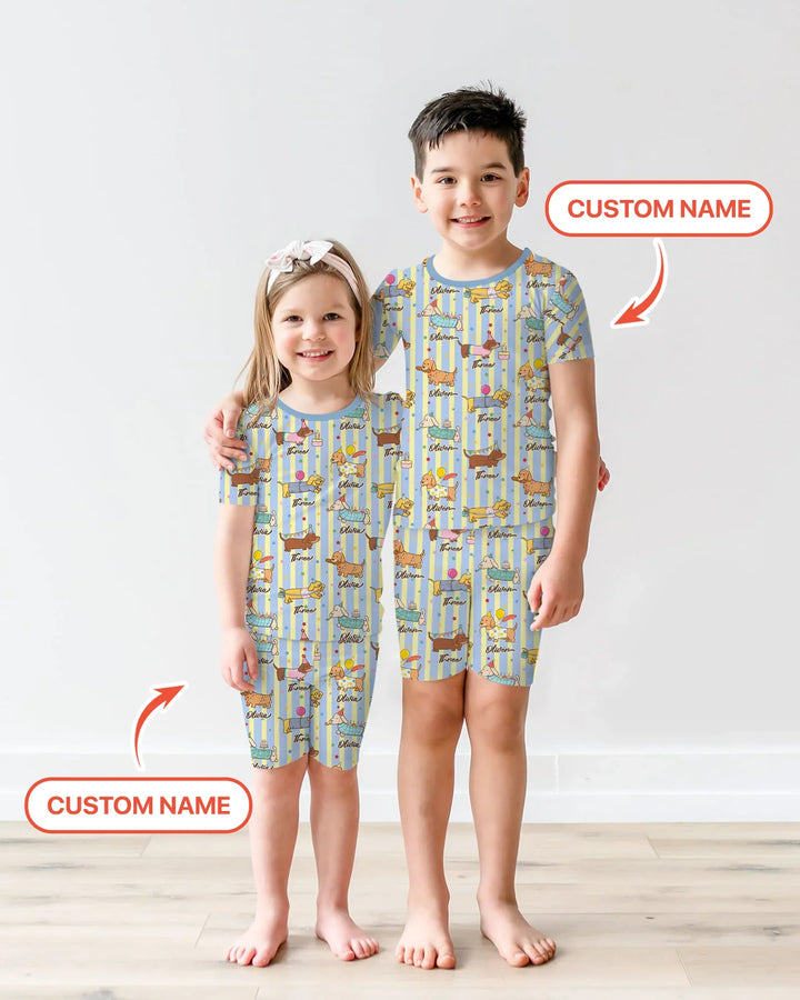 Custom Name Birthday Dachshund Bamboo Two Piece Short Sleeve Shorts Pajama Set