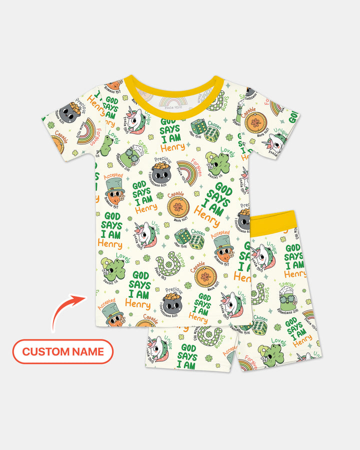 Personalized God Says I Am St. Patrick's Day Family Matching Two Piece Short Sleeve Shorts Pajama Set