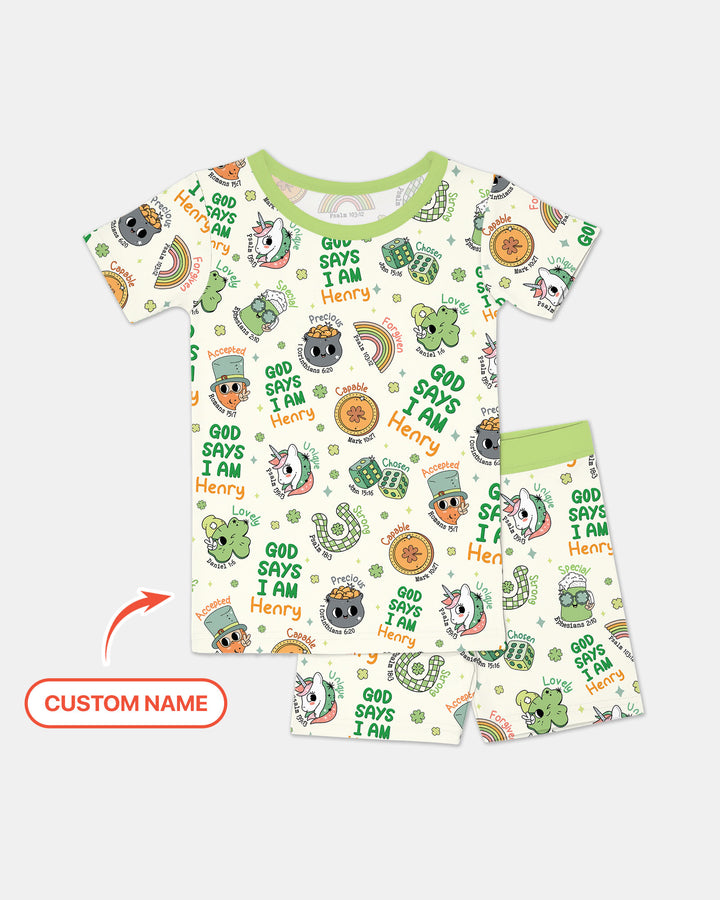 Personalized God Says I Am St. Patrick's Day Family Matching Two Piece Short Sleeve Shorts Pajama Set