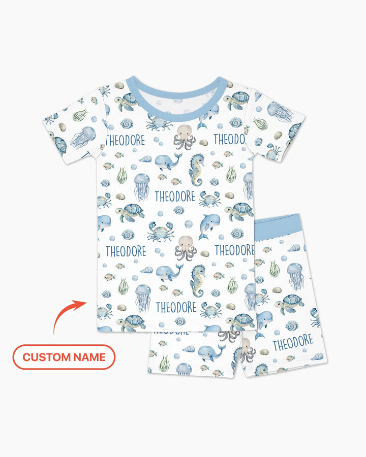 Custom Name Ocean Friends  Bamboo Two Piece Short Sleeve Shorts Pajama Set