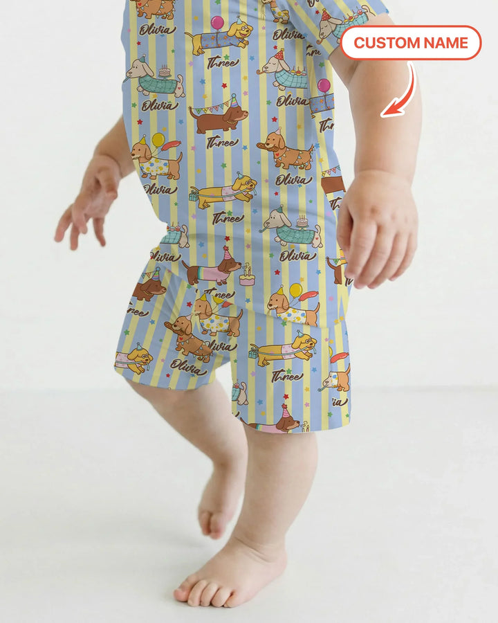 Custom Name Birthday Dachshund Bamboo Two Piece Short Sleeve Shorts Pajama Set