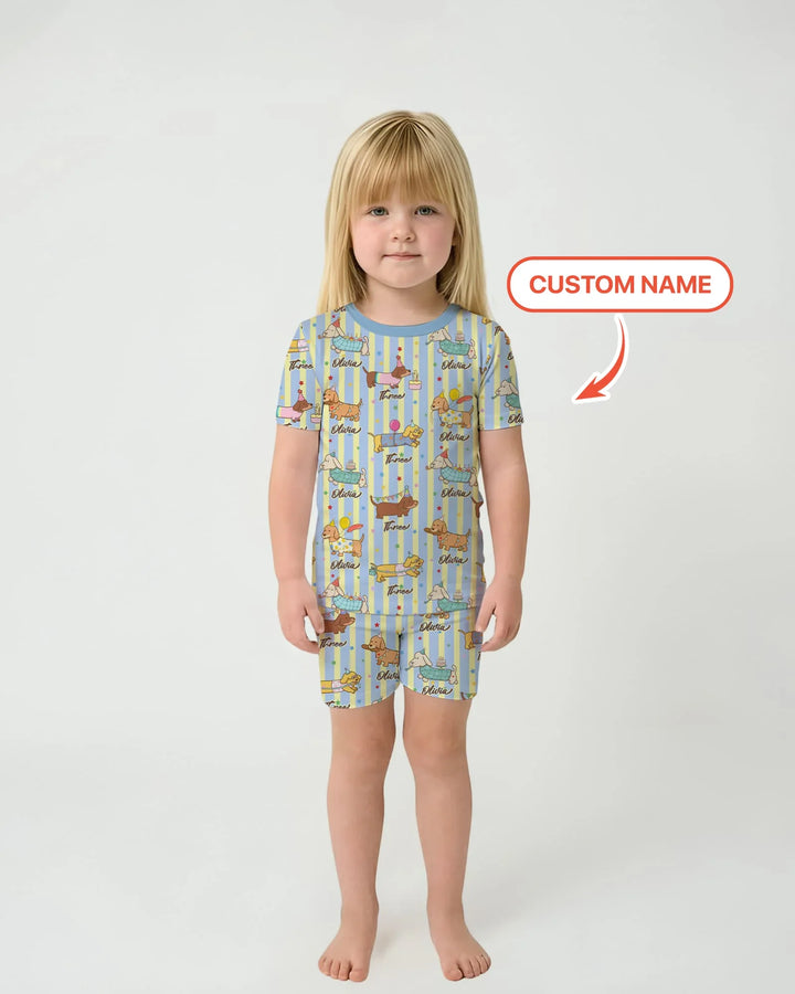 Custom Name Birthday Dachshund Bamboo Two Piece Short Sleeve Shorts Pajama Set