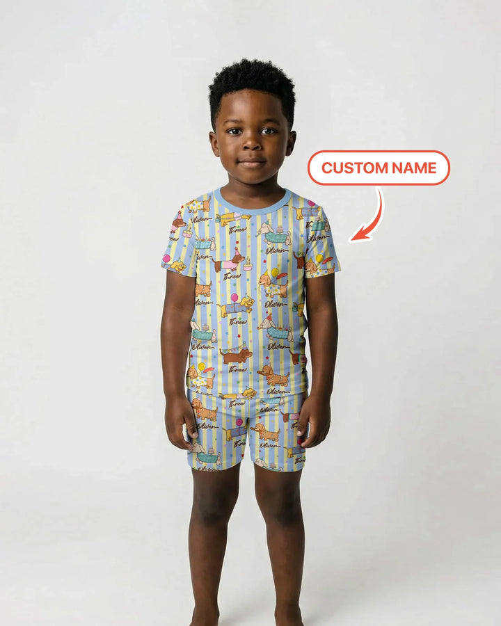 Custom Name Birthday Dachshund Bamboo Two Piece Short Sleeve Shorts Pajama Set