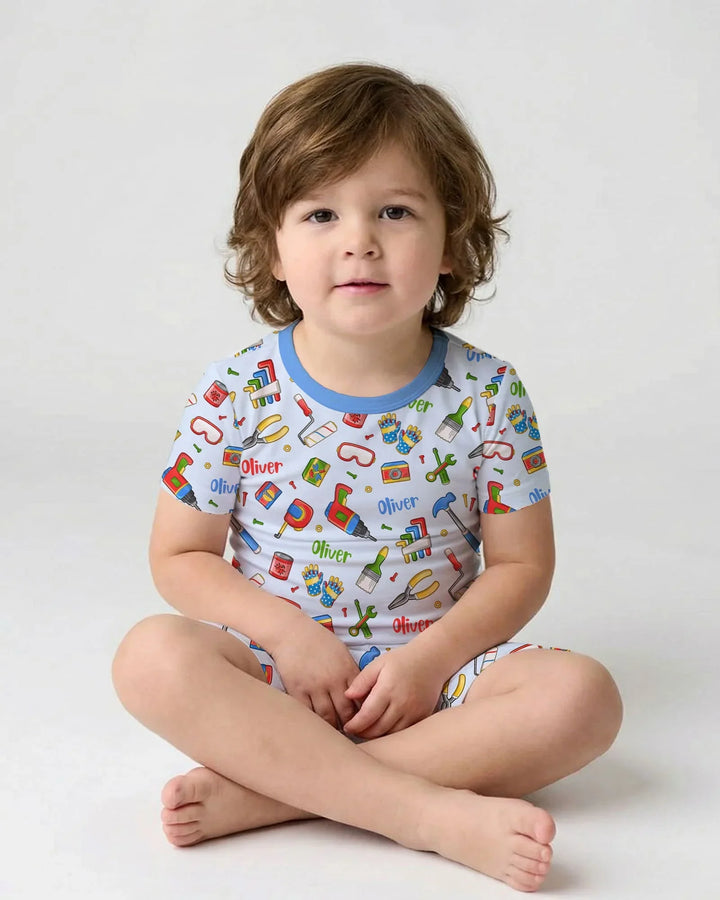 Conjunto de Pijama de Dos Piezas de Bambú de Manga Corta y Pantalón Corto Personalizado para Papá y Yo del Equipo de Reparaciones