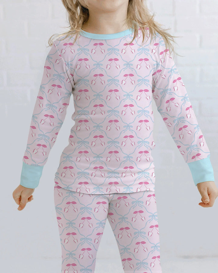 Cherry Baseball Softball Mom and Girl Matching Bamboo Two Piece Long Sleeve Pajama Set