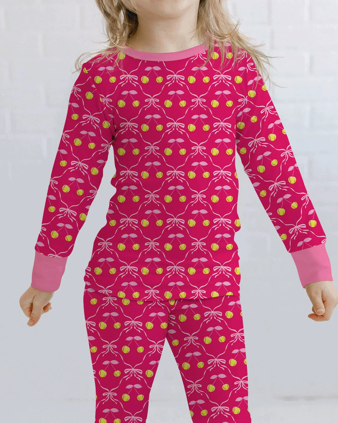 Cherry Baseball Softball Mom and Girl Matching Bamboo Two Piece Long Sleeve Pajama Set
