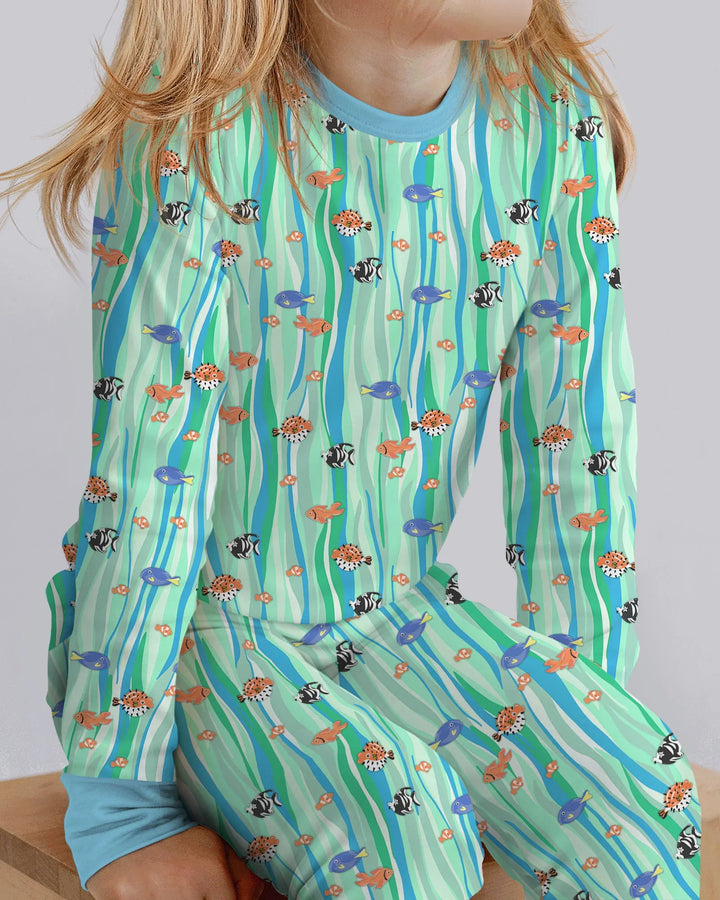 Custom Name Summer Beach Bamboo Two Piece Long Sleeve Pajama Set