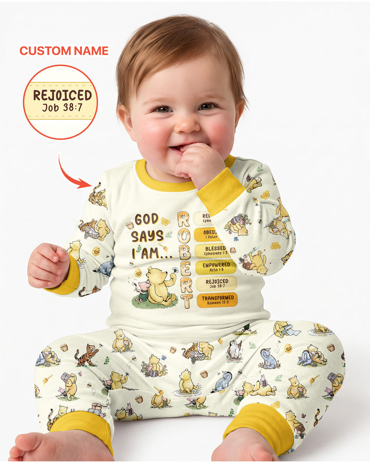 Personalized God Says I Am – Beloved Bear Bamboo Two Piece Long Sleeve Pajama Set