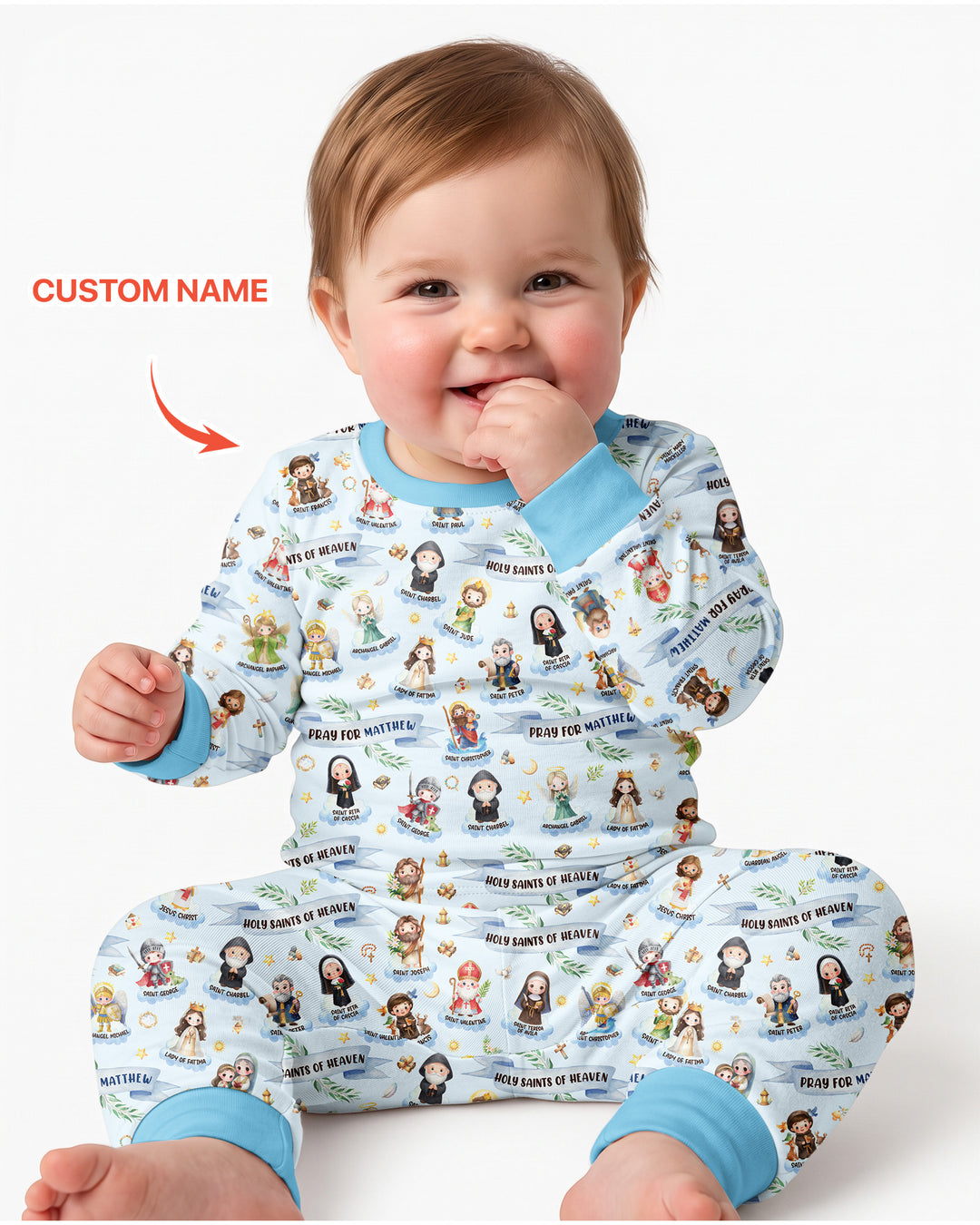 Santas y Santos del Cielo Juego de Pijama de Dos Piezas de Bambú de Manga Larga con Nombre Personalizado