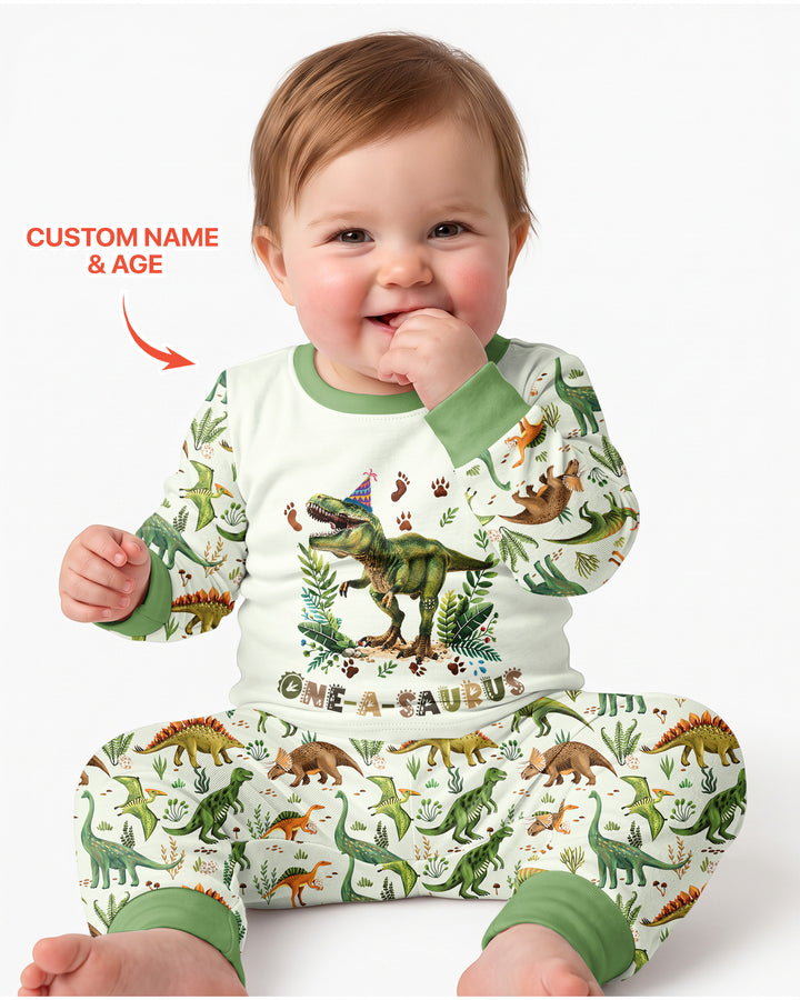 Dinosaur Birthday Boy Bamboo Two Piece Long Sleeve Pajama Set