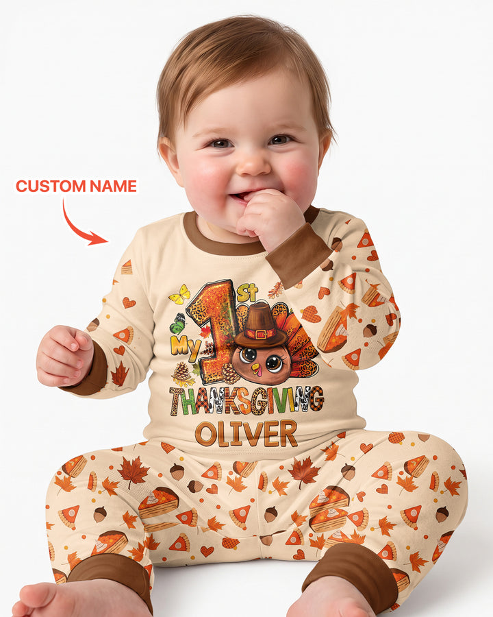 Custom Name My First Thanksgiving Bamboo Two Piece Long Sleeve Pajama Set