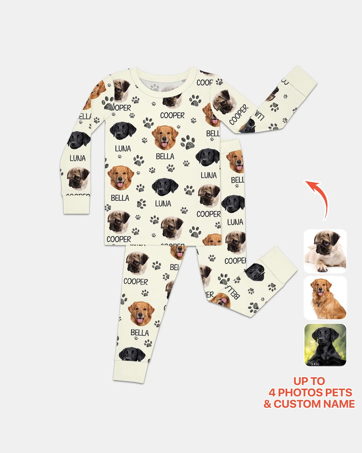 Pijama de dos piezas de bambú con manga larga y foto personalizada de perro con huella