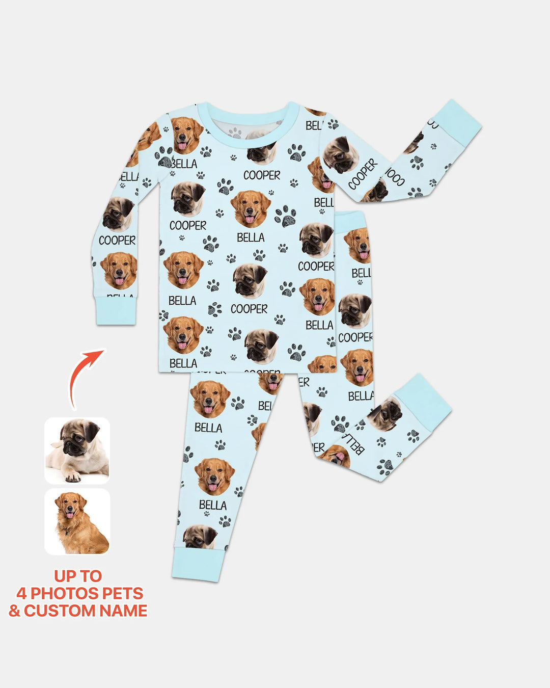 Pijama de dos piezas de bambú con manga larga y foto personalizada de perro con huella