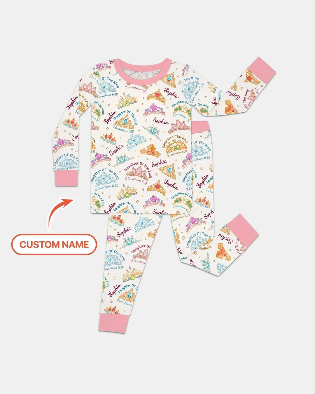 Conjunto de pijama de dos piezas de bambú de manga larga con nombre personalizado "Hija del Rey"