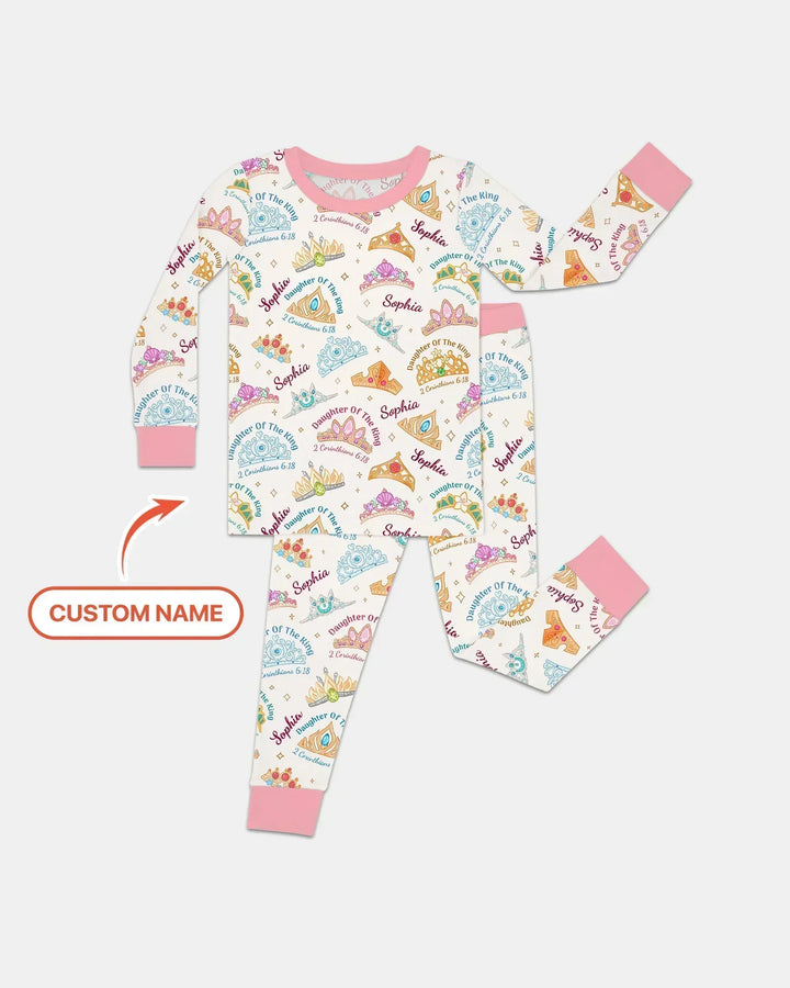 Conjunto de pijama de dos piezas de bambú de manga larga con nombre personalizado "Hija del Rey"