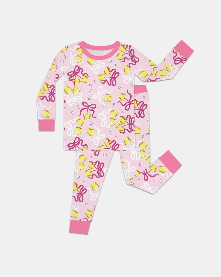 Softball Cherry Mom And Girl Matching Two Piece Long Sleeve Pajama Set