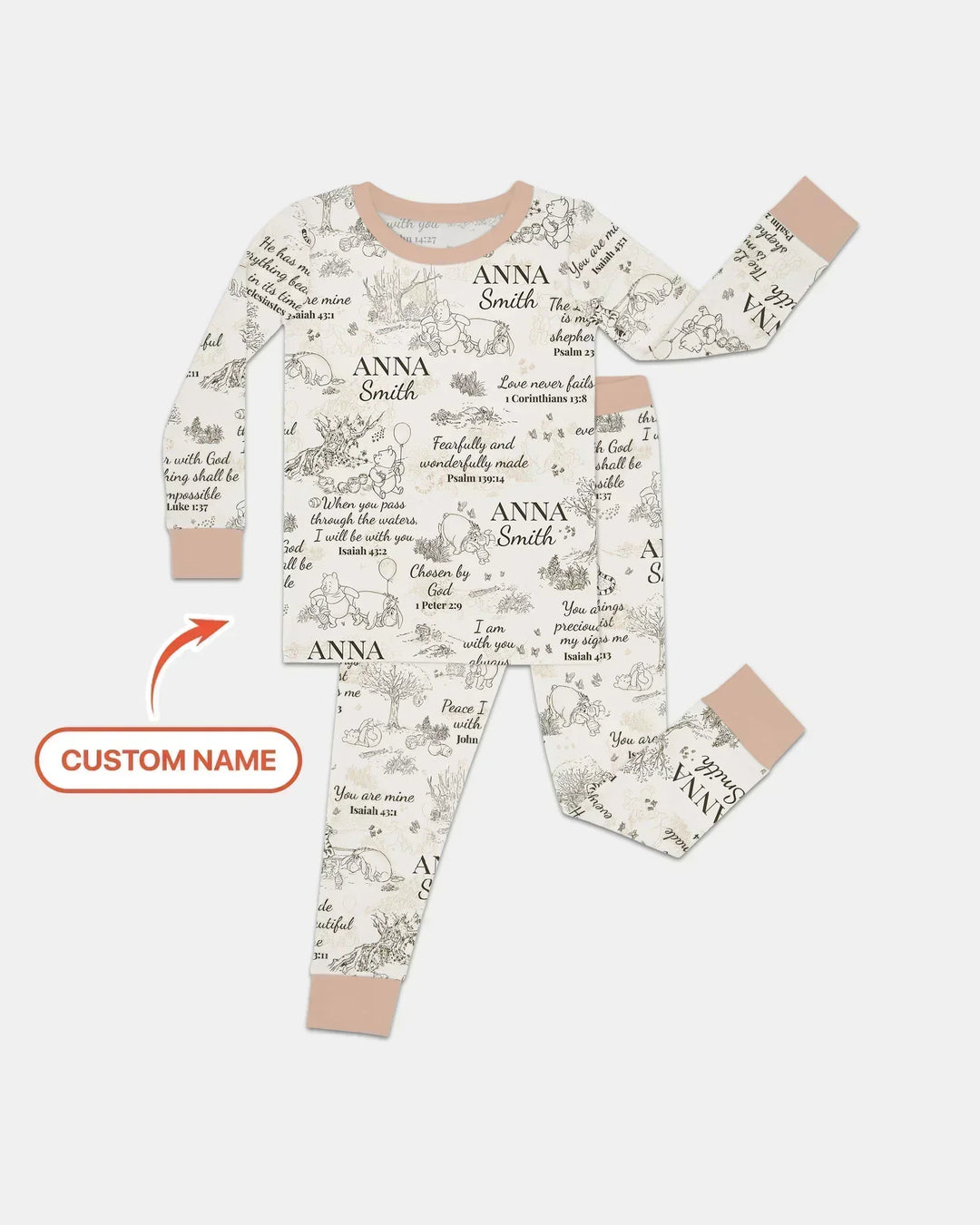 Classic Bear Bible Verse Custom Name Bamboo Two Piece Long Sleeve Pajama Set