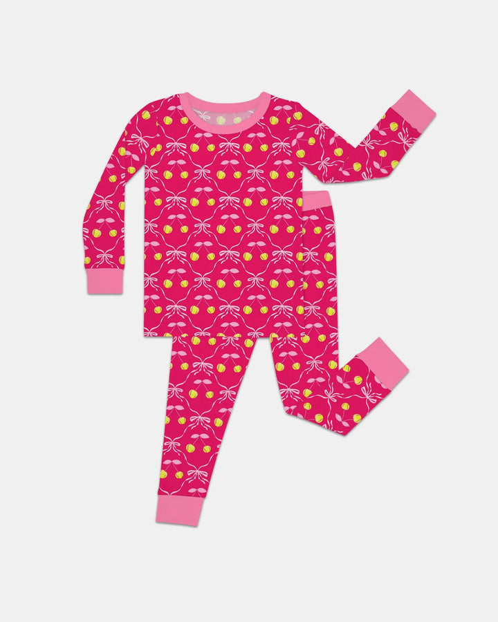 Cherry Baseball Softball Mom and Girl Matching Bamboo Two Piece Long Sleeve Pajama Set