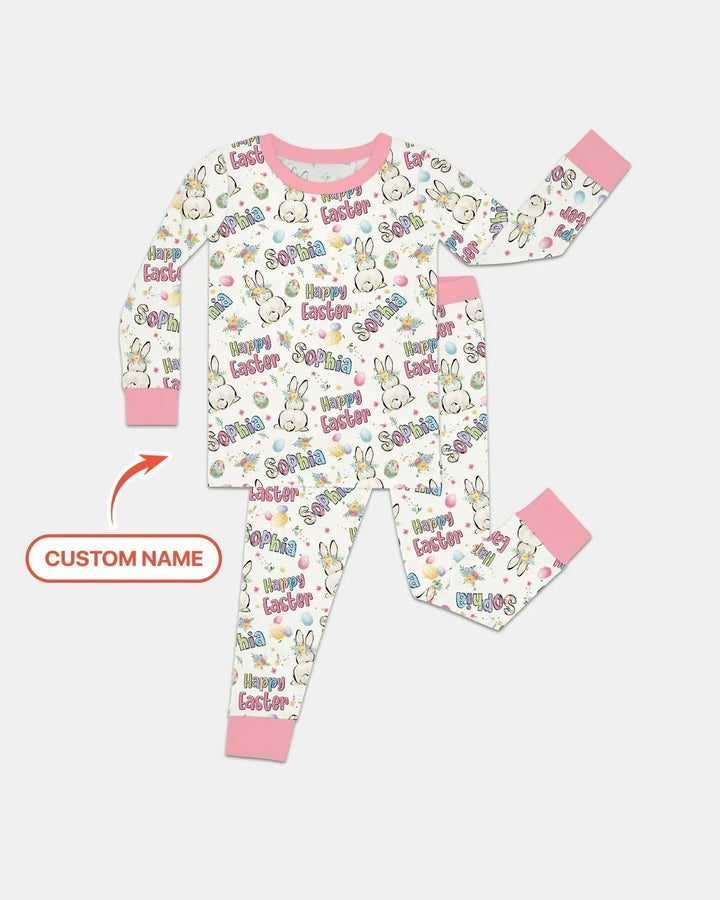 Personalized Happy Easter Bunny Two Piece Long Sleeve Pajama Set