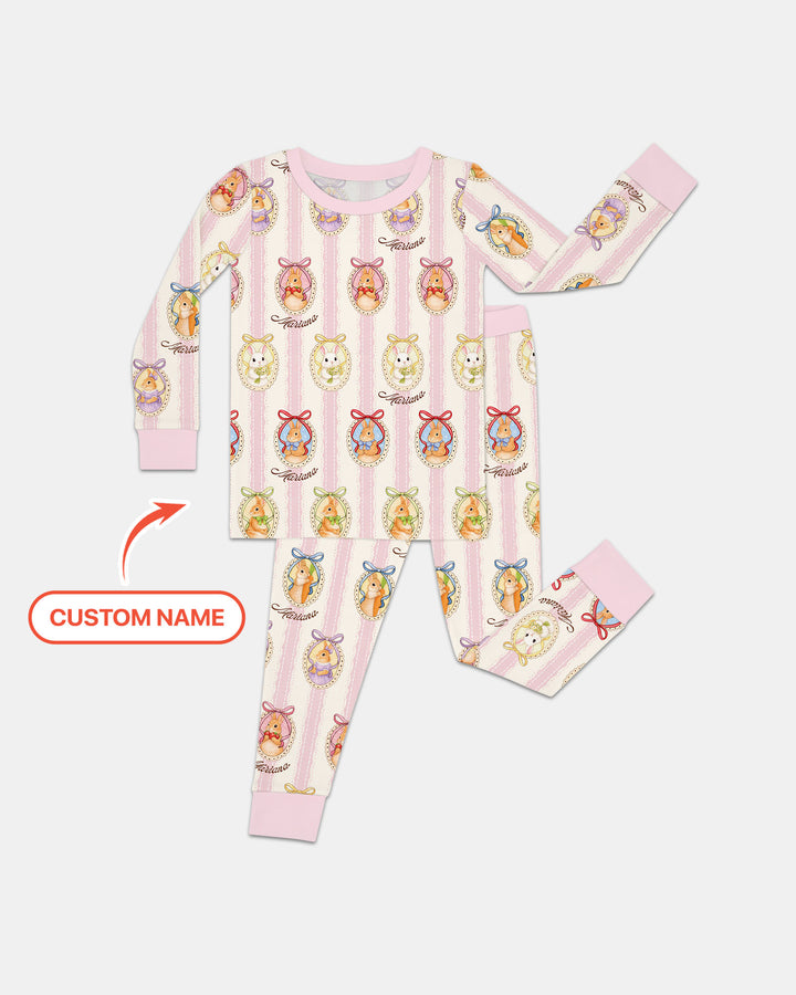 Custom Name Vintage Easter Bunny Two Piece Long Sleeve Pajama Set