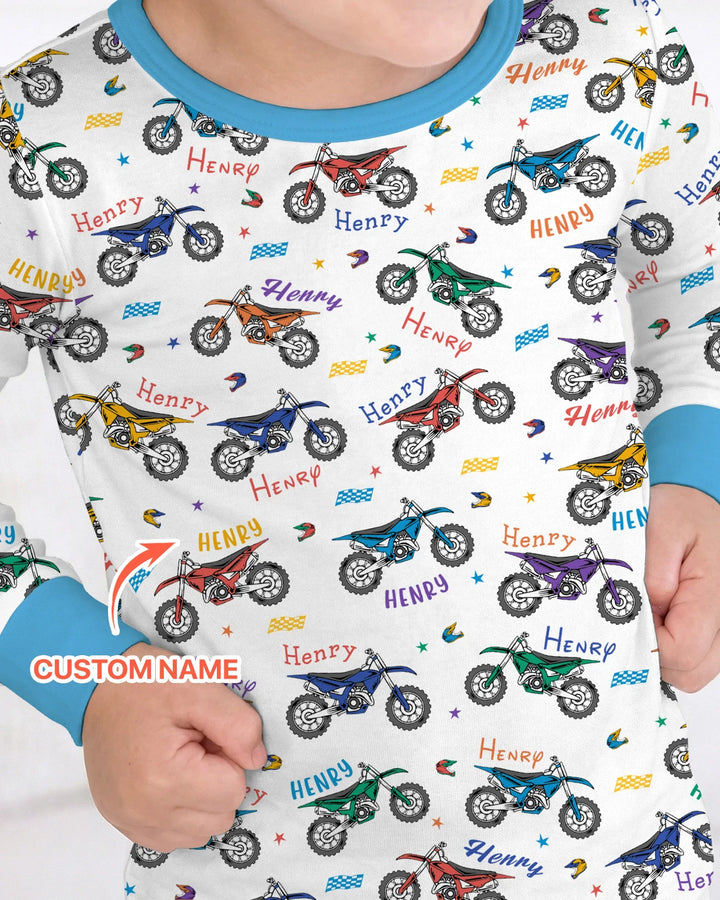 Dirt Track Dreamer Custom Name Daddy & Me Matching Bamboo Two Piece Long Sleeve Pajama Set