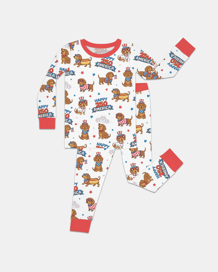 Red, White & Wiener Bamboo Two Piece Long Sleeve Pajama Set
