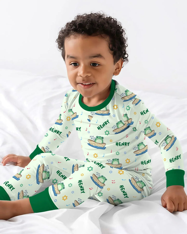Frogs Here, Frogs There Passover Custom Name Two Piece Long Sleeve Pajama Set